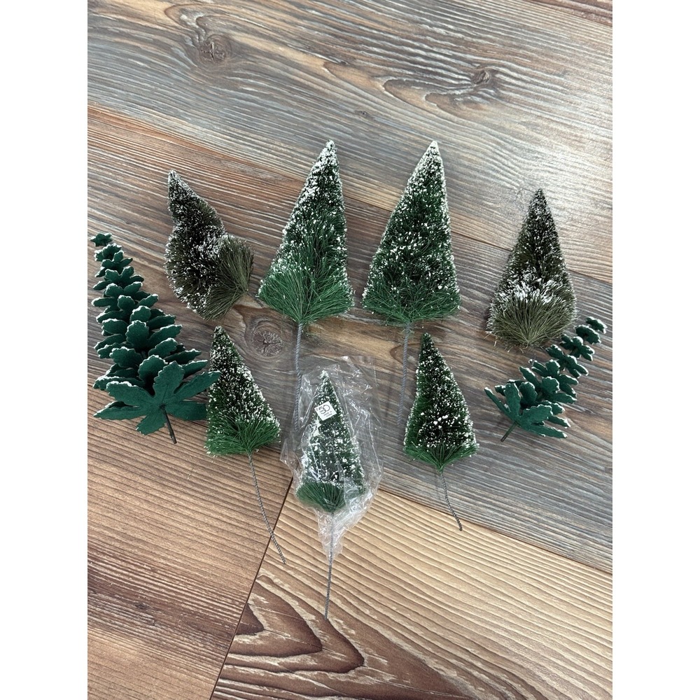 Dept. 56 Set of 9 Flocked Bottle Brush Sisal Christmas Trees/ Other Village